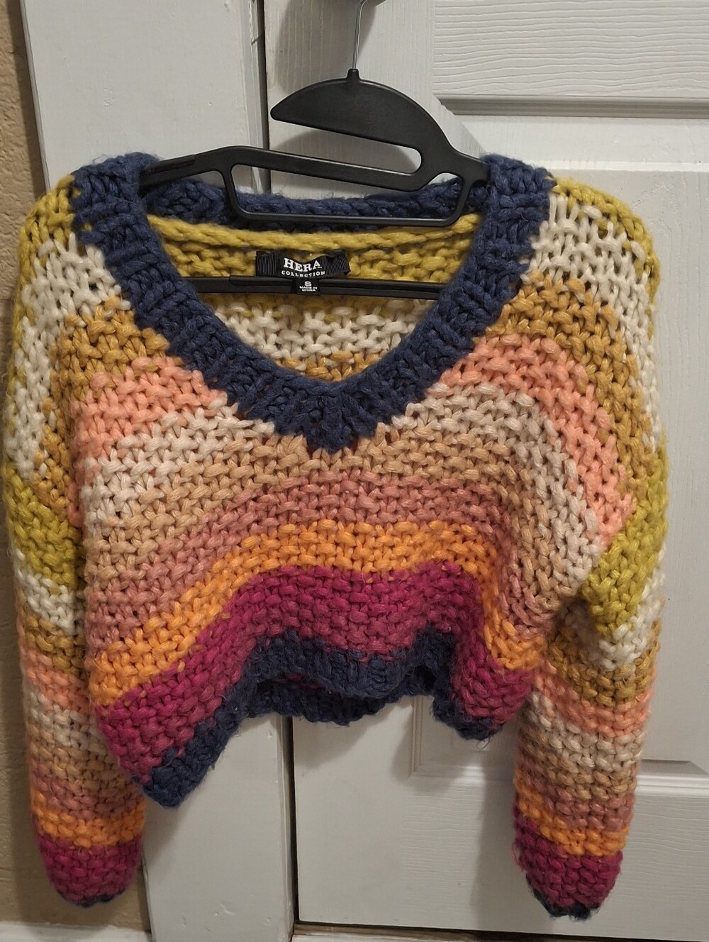 Hera Collection Multicolor Chunky V-Neck Sweater - Navy, Pink, Yellow, Cream